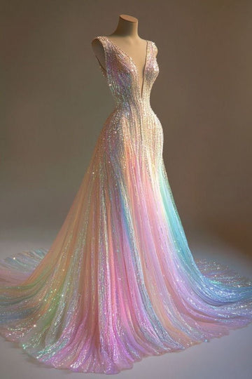 Niulatu Colorful V-Neck A-Line Sequined Tulle Long Prom Dresses HZ1026